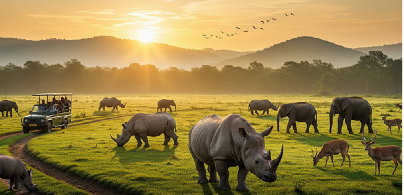 Panoramic view of Kaziranga National Park with wildlife